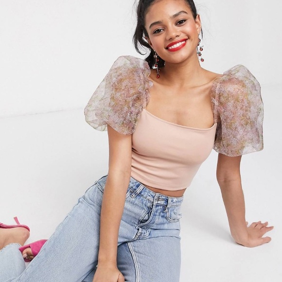 ASOS Tops - ASOS Crop Top with Printed Organza Puff Sleeves